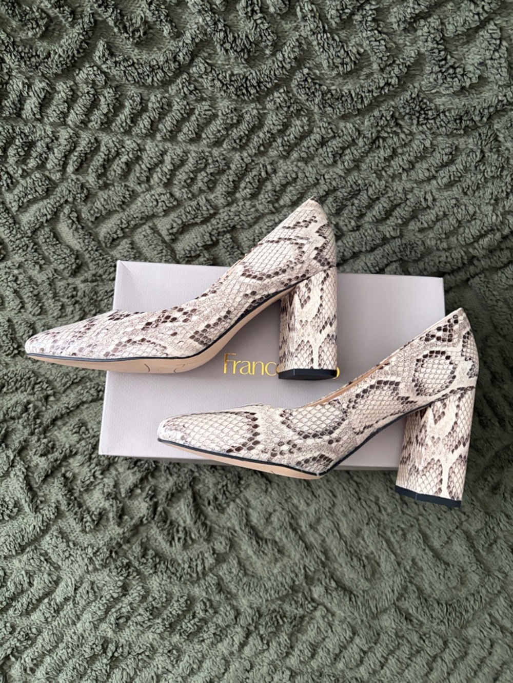Franco Sarto Beige Snake-Print Block Heel Pumps - Picture 2 of 5
